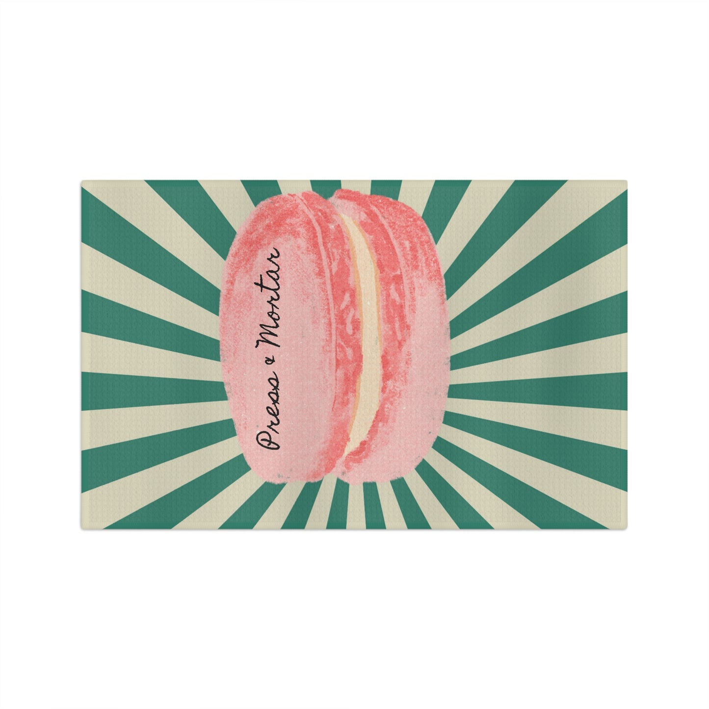 Kitchen Stash- Soft Tea Towel with Pink Macron and Green and White Stripes