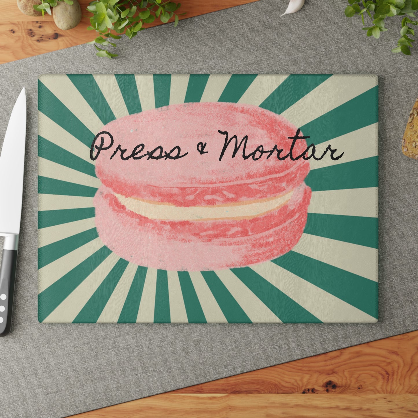 Kitchen Stash- Glass Cutting Board Pink Macron with Green and White Lines