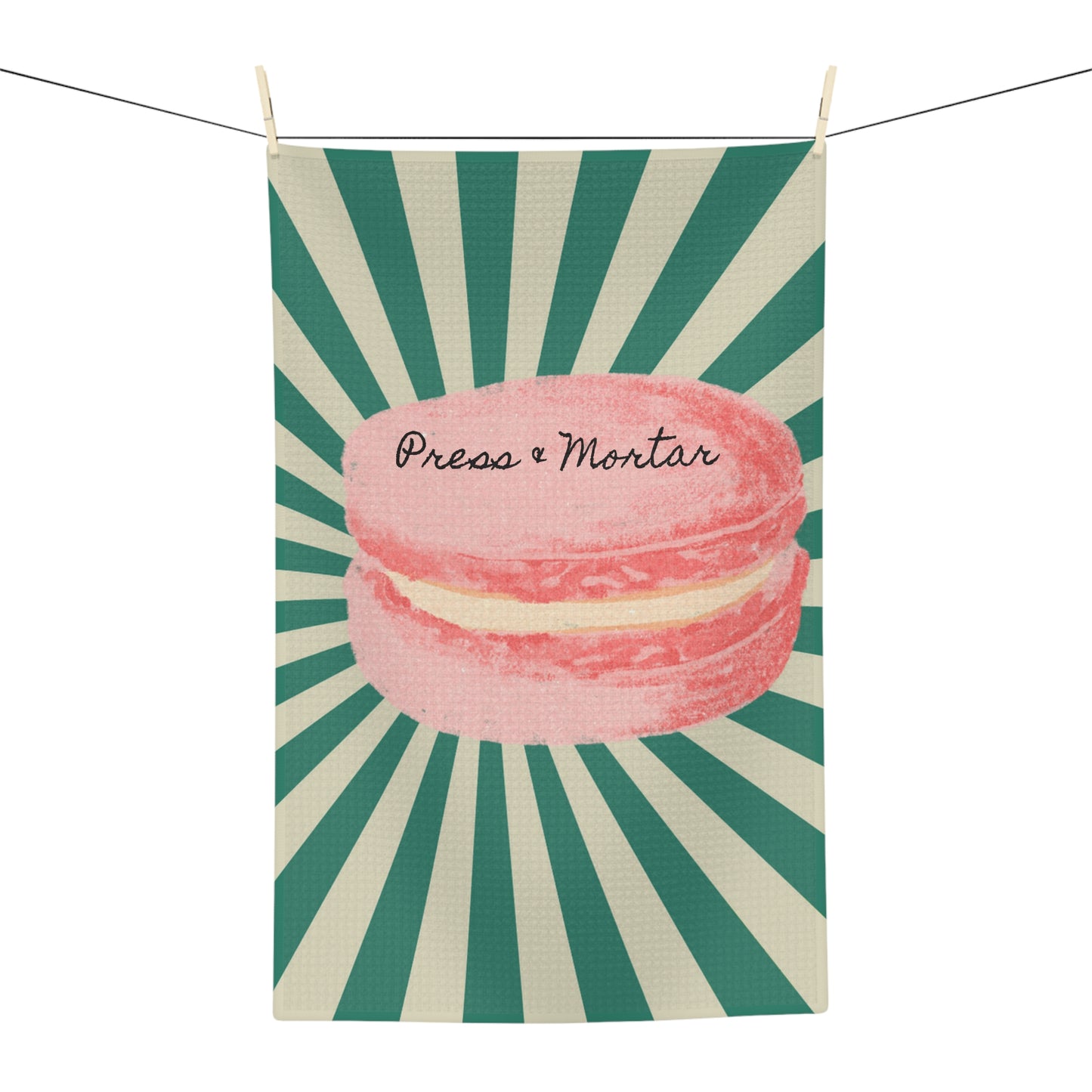 Kitchen Stash- Soft Tea Towel with Pink Macron and Green and White Stripes