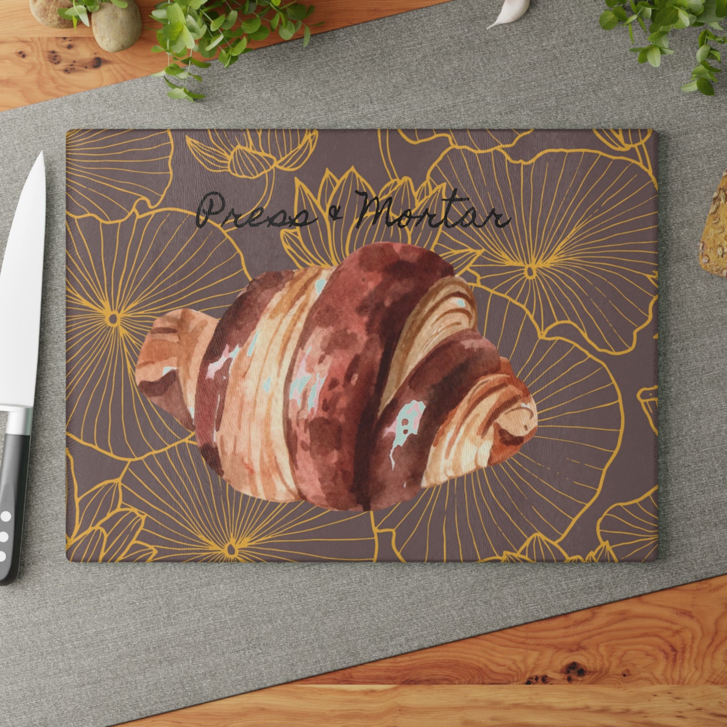 Kitchen Stash- Glass Cutting Board Watercolor Butter Croissant